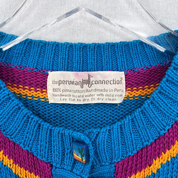 PERUVIAN CONNECTION Vintage Cardigan Sweater Womens Small Multi Cotton Geometric - Picture 5 of 16
